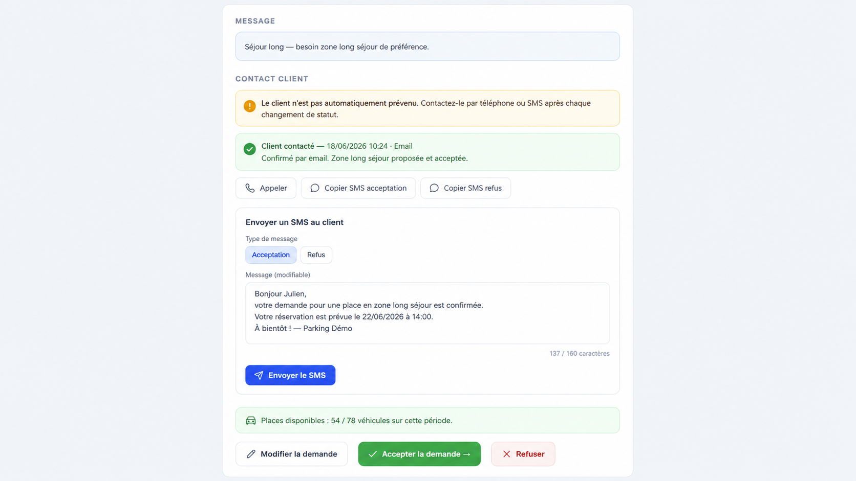 SMS client dans Tactelya Parking