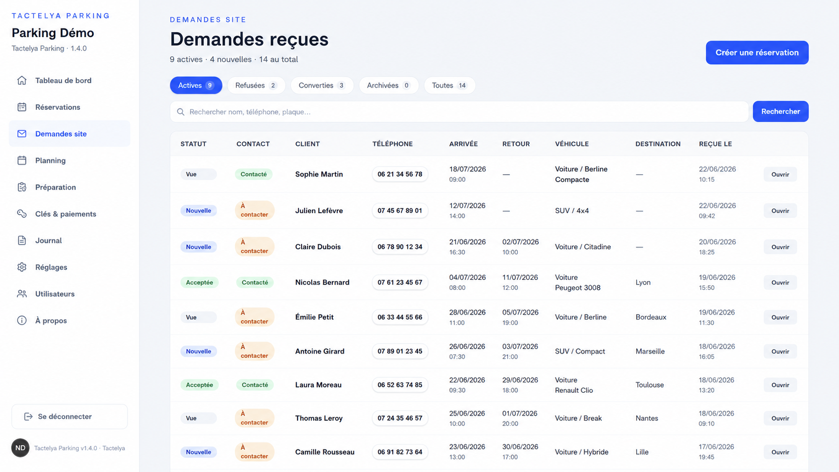 Demandes reçues depuis le site dans Tactelya Parking